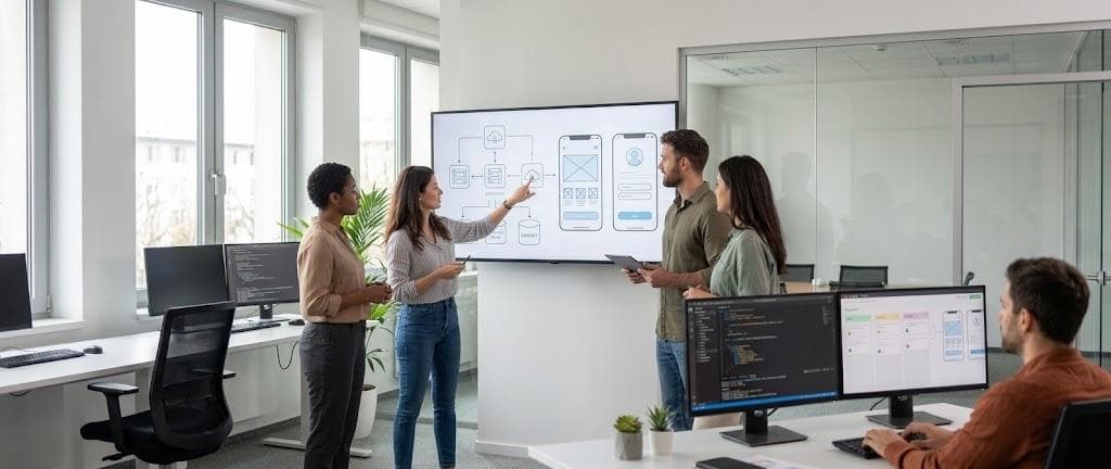 Ayrtau TT team reviewing a product mockup in the office